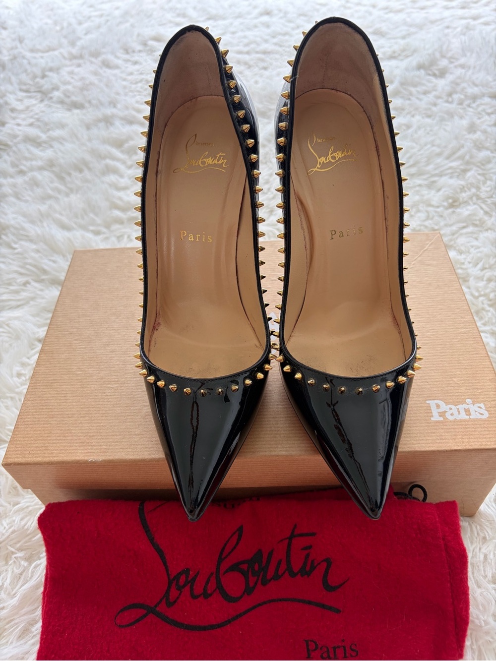 Christian Louboutin Black Patent Leather Pointed-Toe Pumps with Gold Spikes